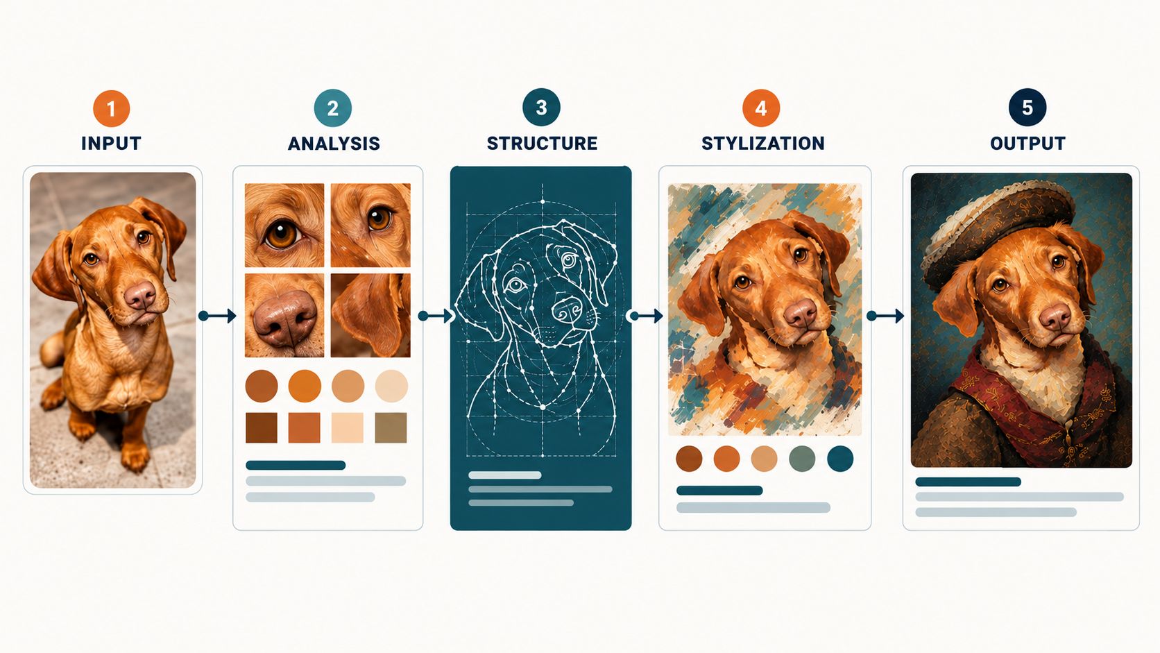 PetGenAI turns a dog photo into a painted portrait through analysis, structure and stylization